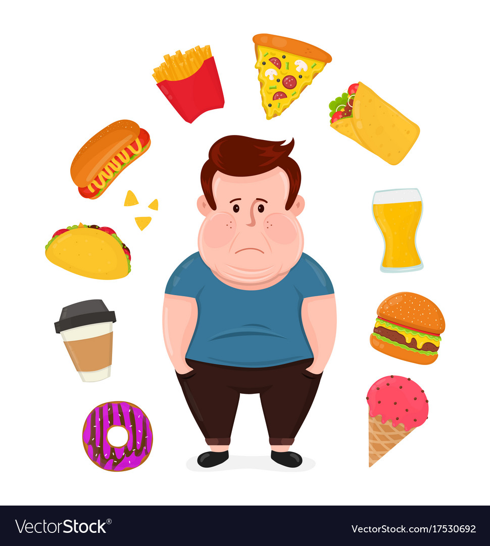 Fat sad young man surrounded unhealthy Royalty Free Vector