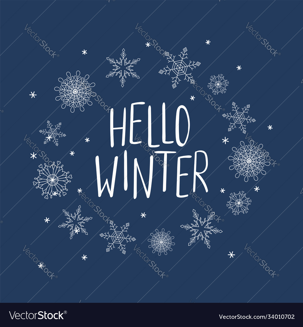 Hello winter typography with snowflakes Royalty Free Vector