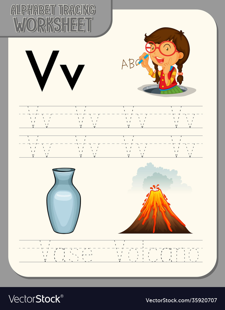 alphabet tracing worksheet with letter v and v vector image