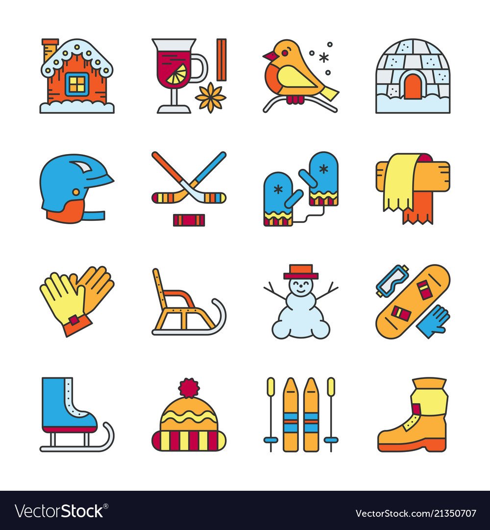 Winter Activity Sport Outdoor Line Icon Set Vector Image