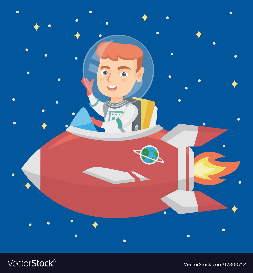 Caucasian smiling boy riding a spaceship Vector Image