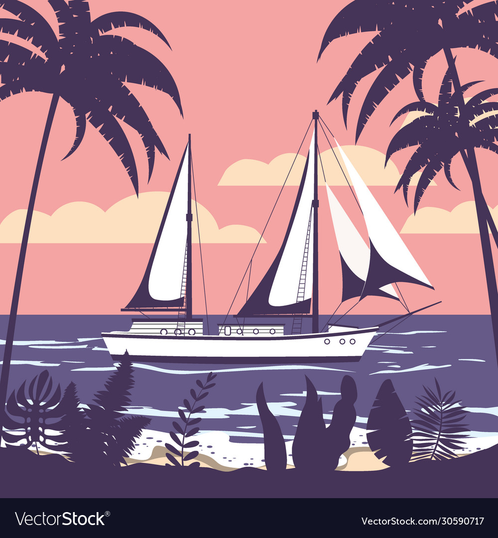 Sailing ship banner retro vintage tropical flora Vector Image