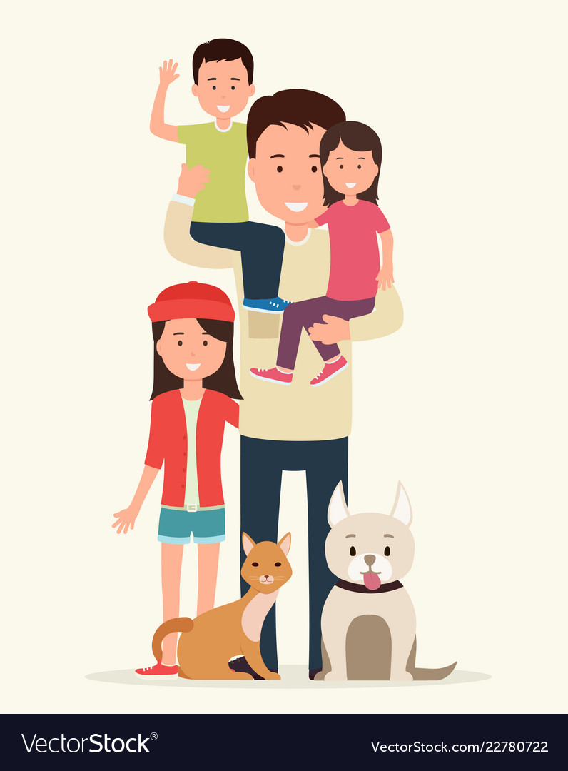 Father with children and animals Royalty Free Vector Image