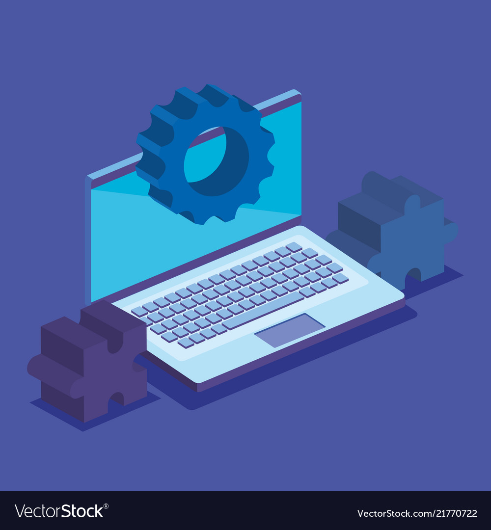 Laptop with gears and puzzle Royalty Free Vector Image