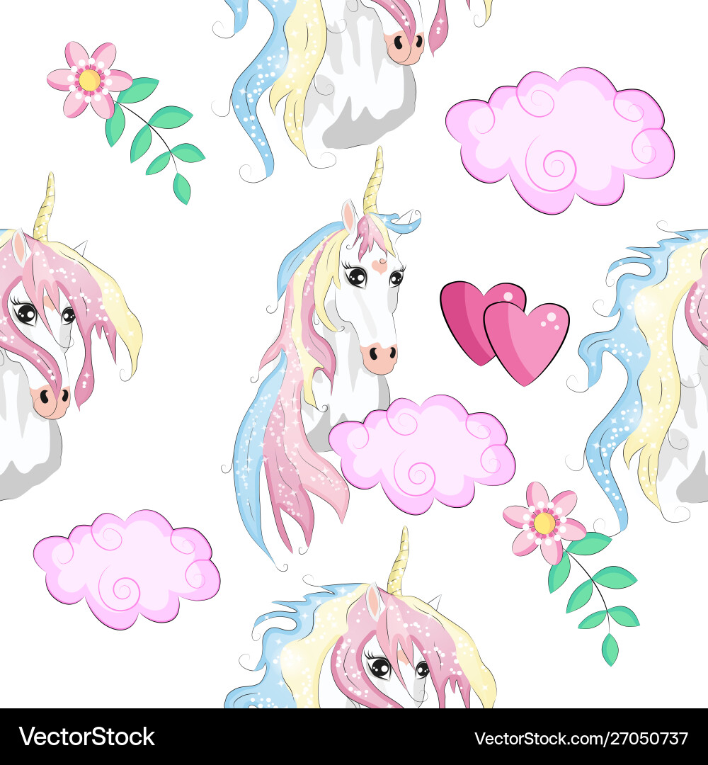 Pattern with cute unicorns cloudsrainbow Vector Image