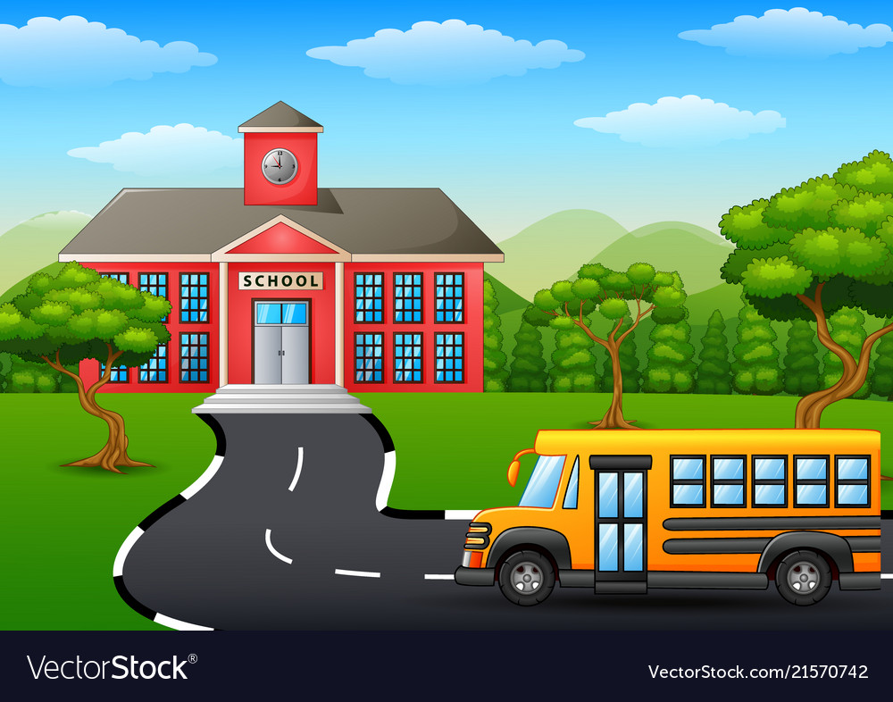 Yellow school bus in front of school building Vector Image