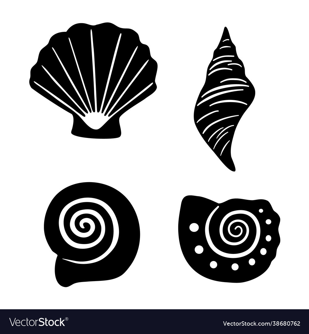 Set various black seashells and starfish Vector Image