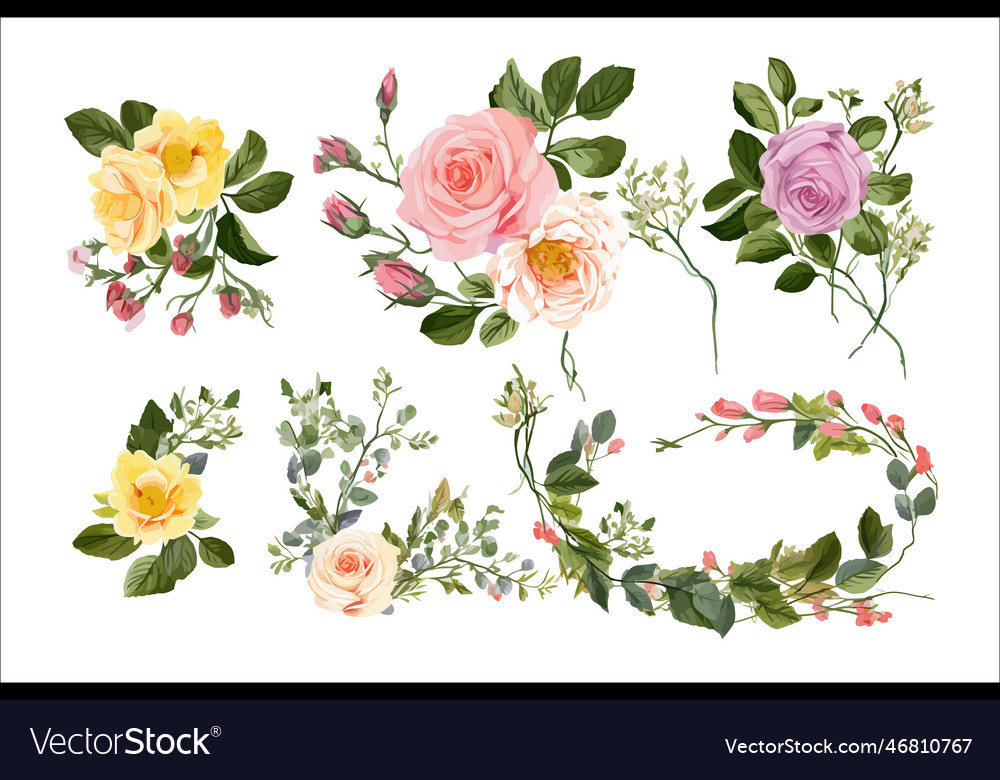 Watercolor floral yellow rose leaves bouquet Vector Image