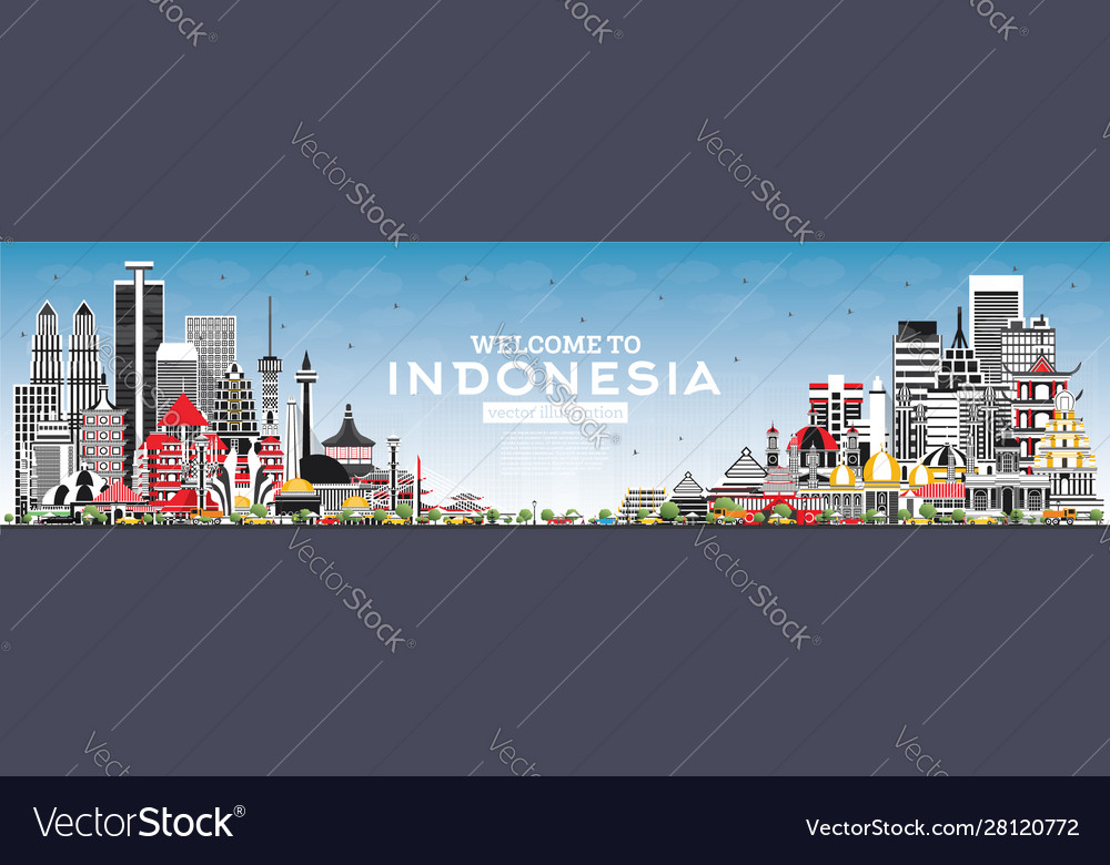 Welcome To Indonesia Skyline With Gray Buildings Vector Image