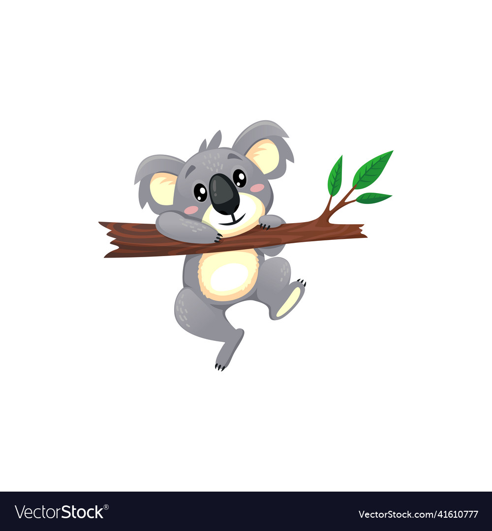 Funny lazy koala cartoon animal playing on branch