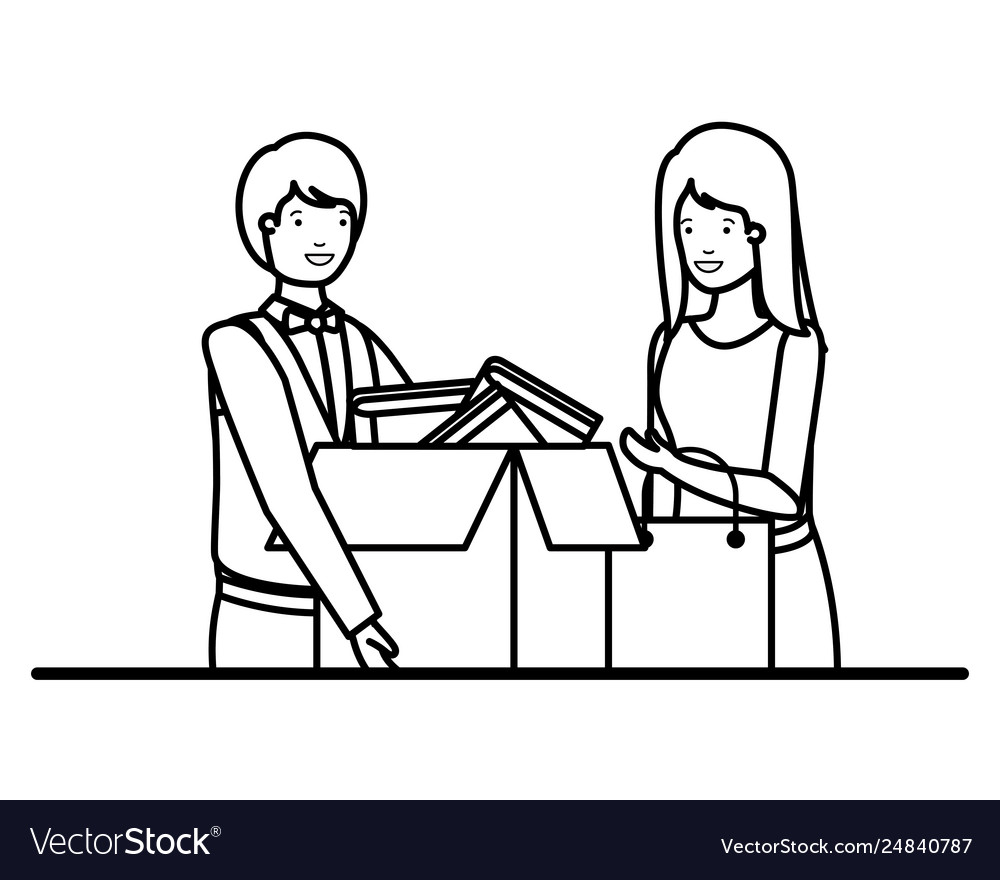 Cuople with cardboard box and shopping bag Vector Image