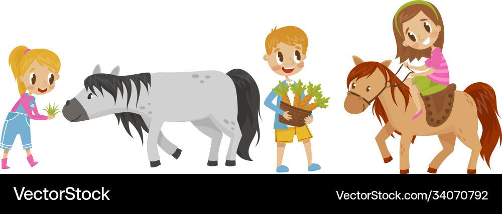 Cute kid feeding their horses with grass Vector Image