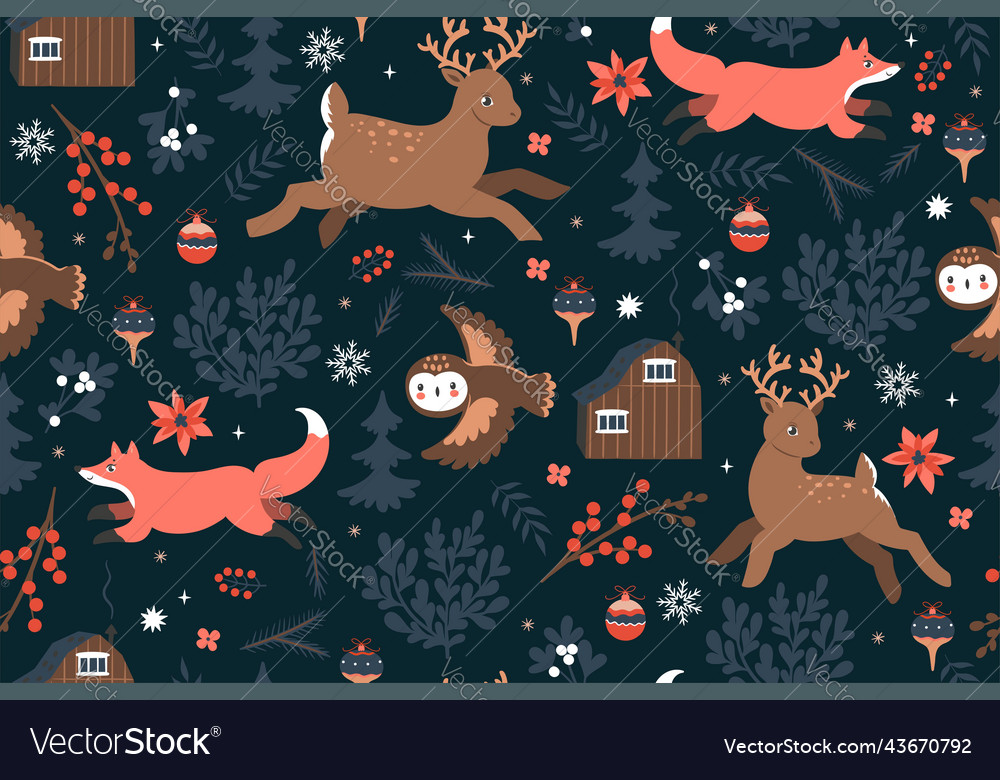 Seamless pattern with animals houses winter vector image Seamless pattern with animals houses winter