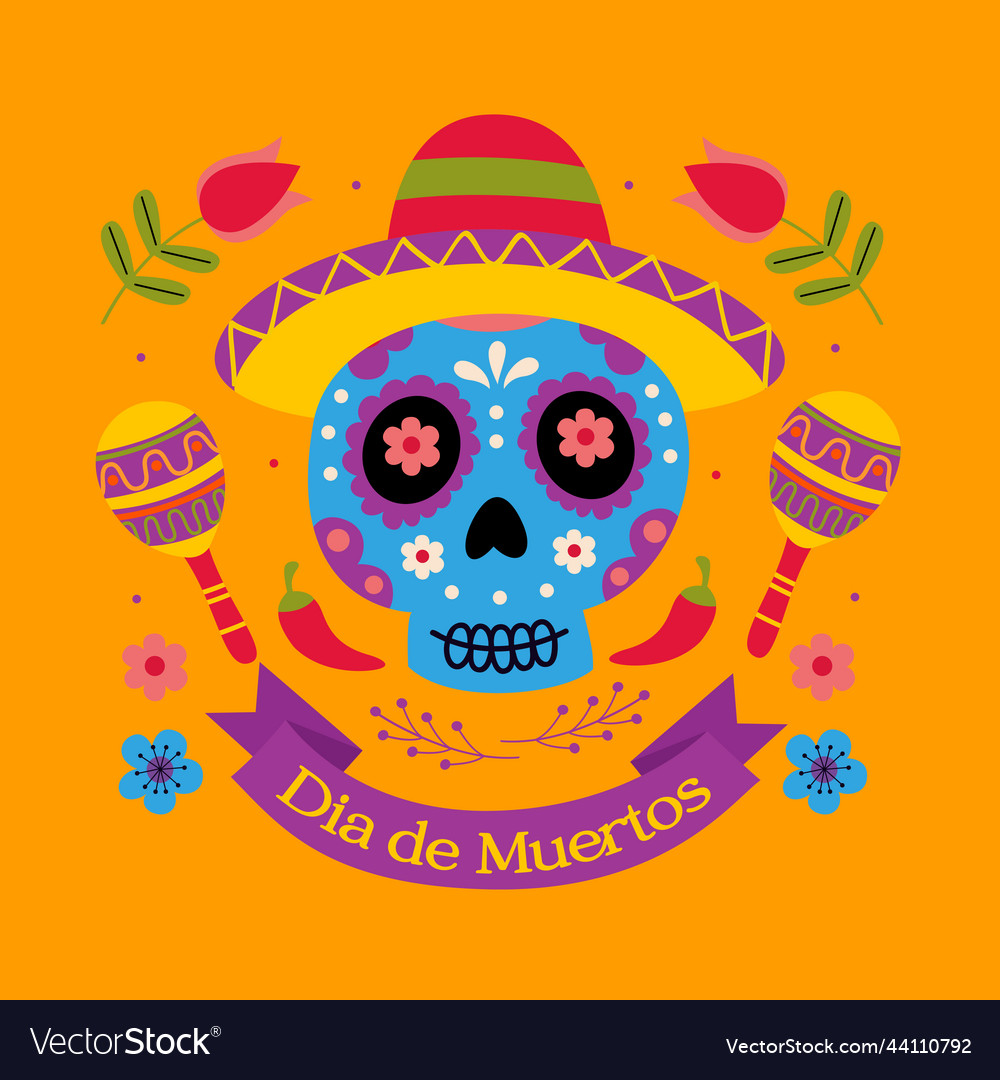 Sugar Skull Wearing A Sombrero Hat Day Of The De Vector Image