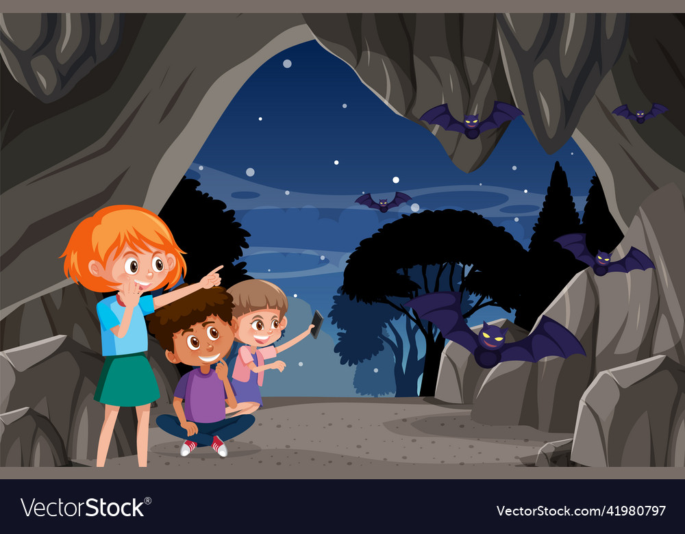 In cave scene with children exploring cartoon Vector Image