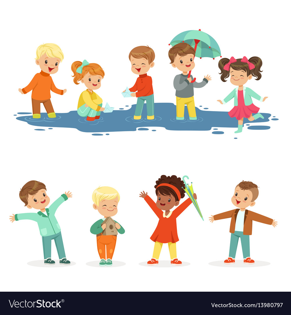 Smiling little kids playing on puddles set for Vector Image