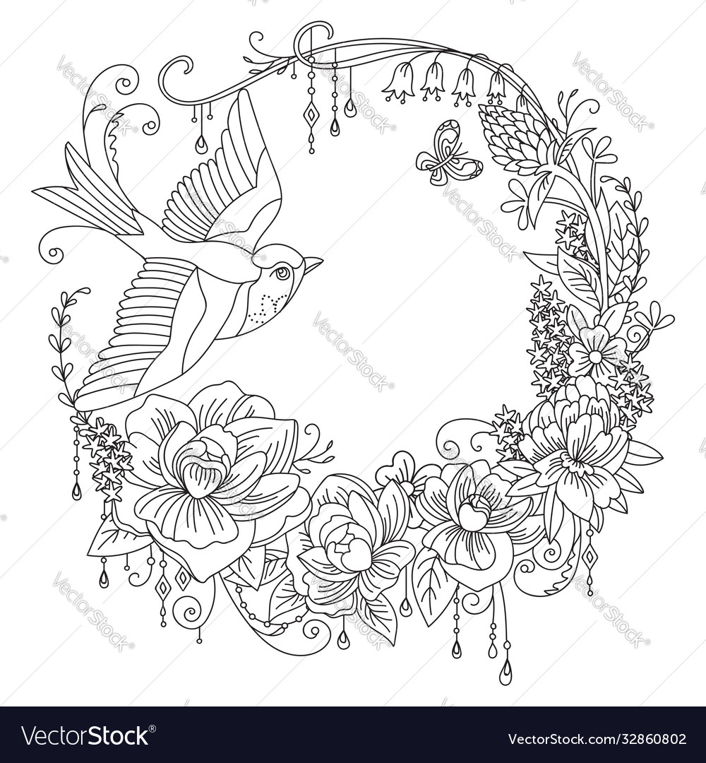 Coloring flowers and birds 2 Royalty Free Vector Image