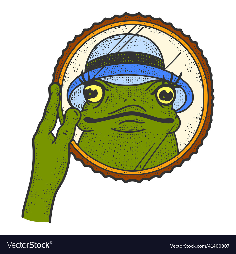 Beautiful frog in a hat looks the mirror