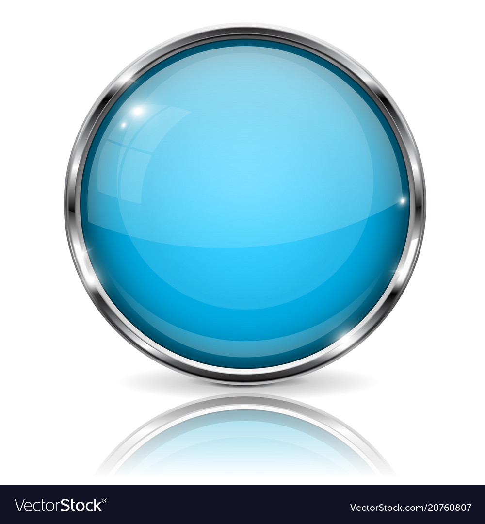 Download Glass blue button with chrome frame round 3d Vector Image