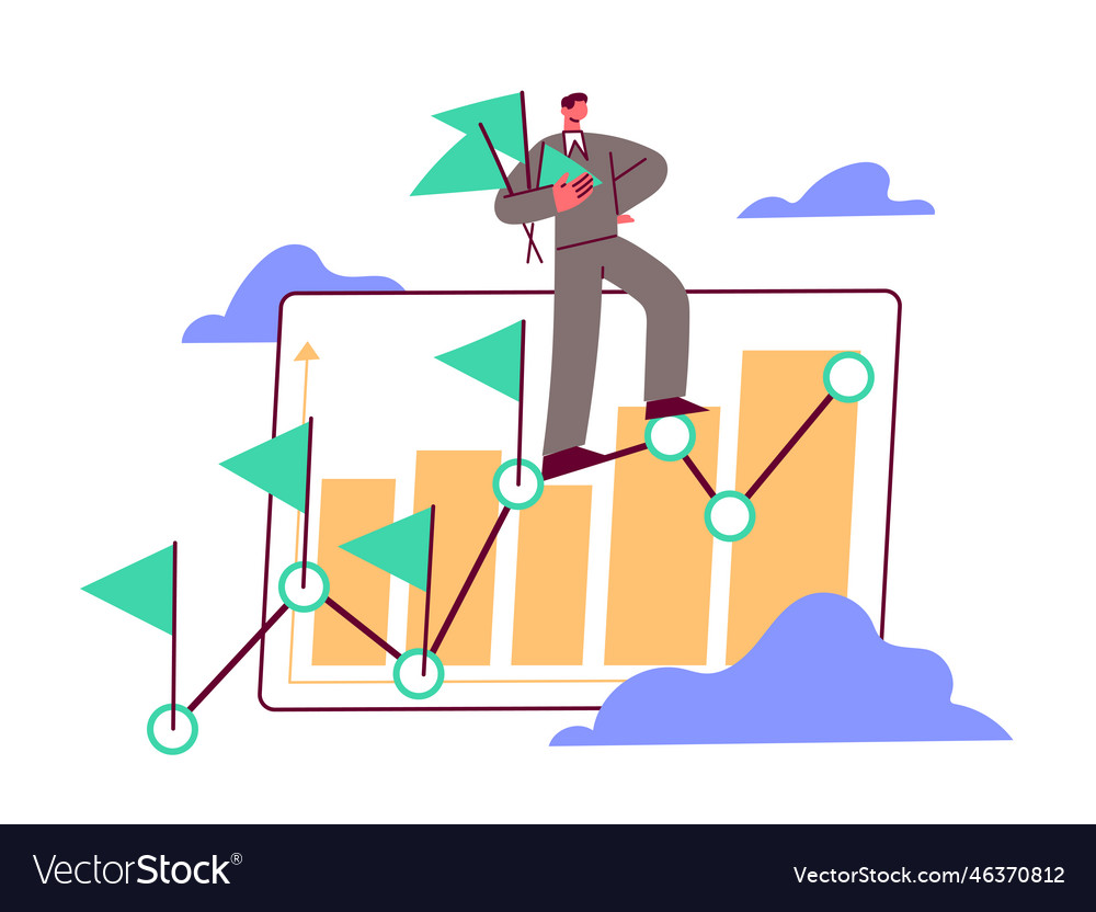 Businessman stands on a rising chart and flags Vector Image