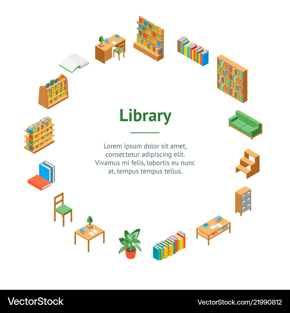 Furniture For Library 3d Banner Card Circle Vector Image