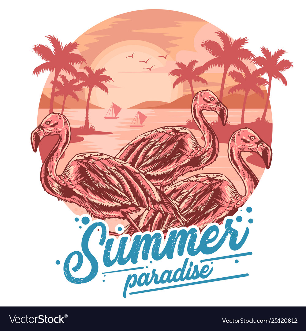 Summer flamingo and coconut tree in beach view v vector image Summer flamingo and coconut tree in beach view v