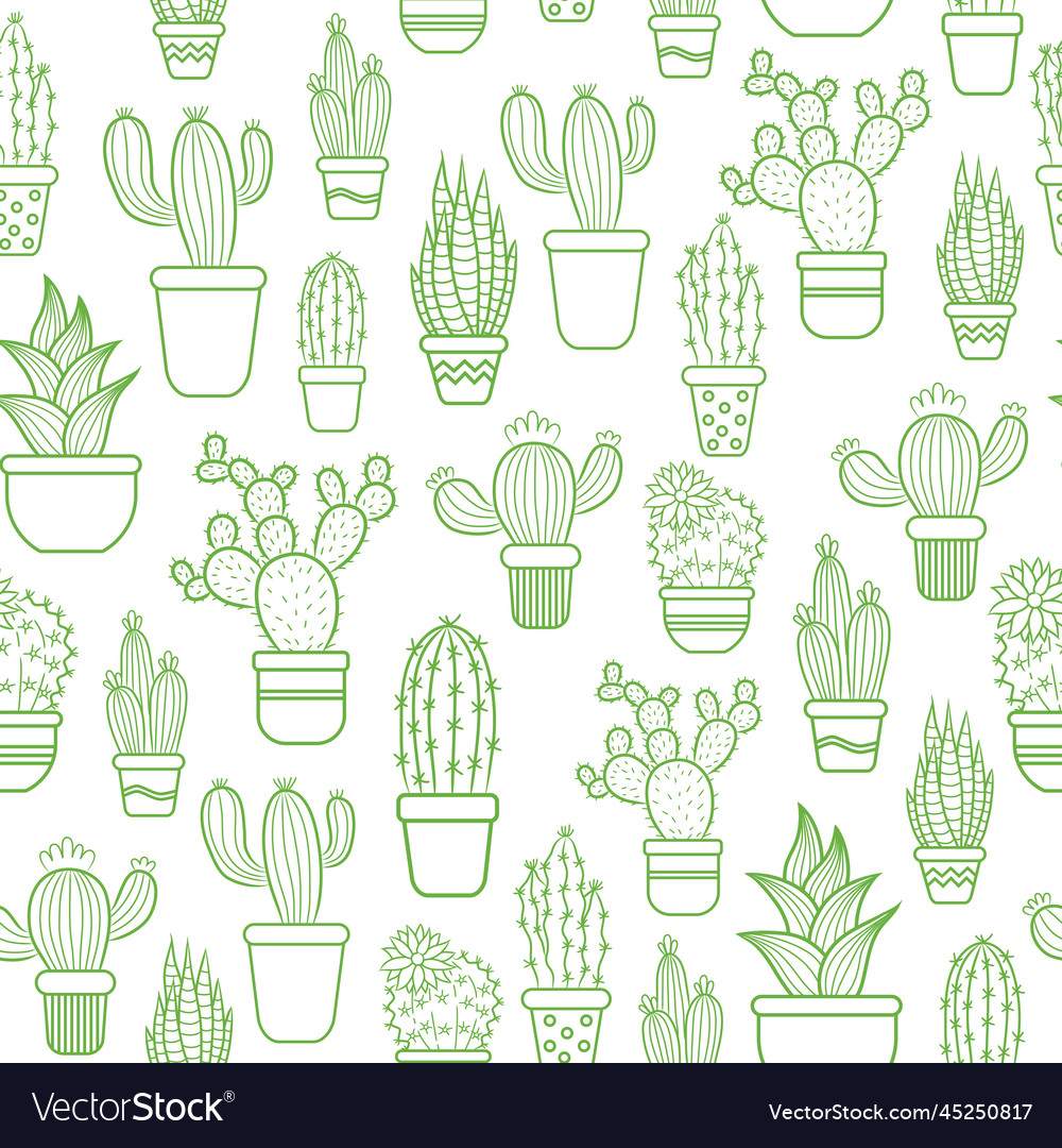 Seamless pattern with green cacti in pots Vector Image