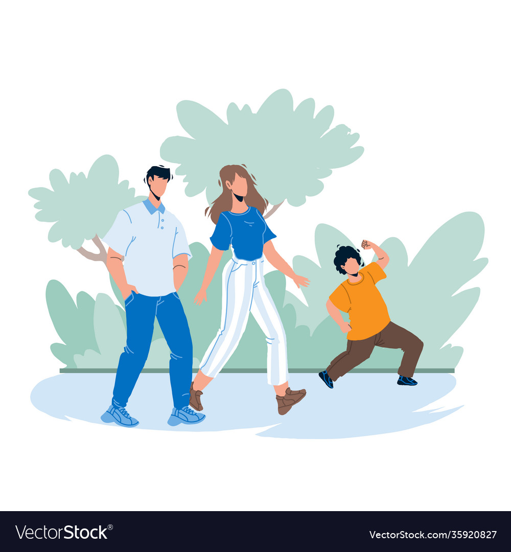 In Family Park Walking Parents With Child Vector Image