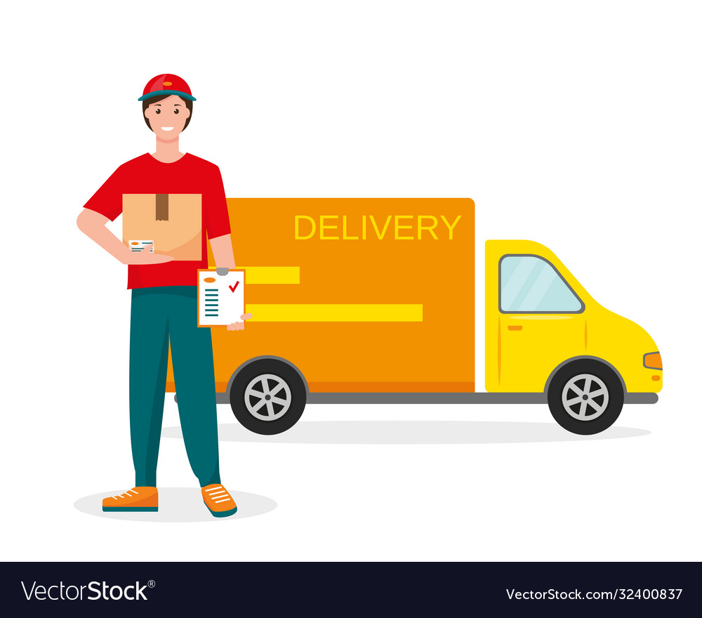 Delivery courier man and car Royalty Free Vector Image