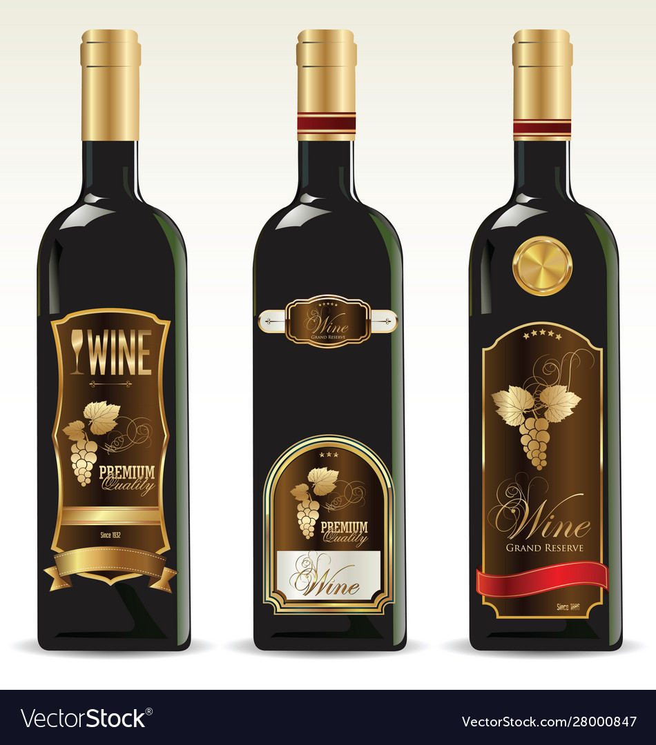 Black bottles for wine with gold and brown labels Vector Image