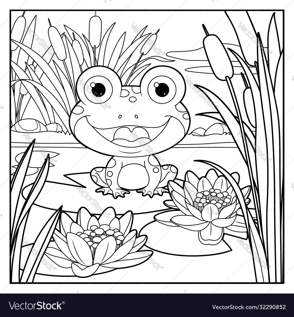 Cute Frog Sits On Leaf Lily Color Linear Vector Image