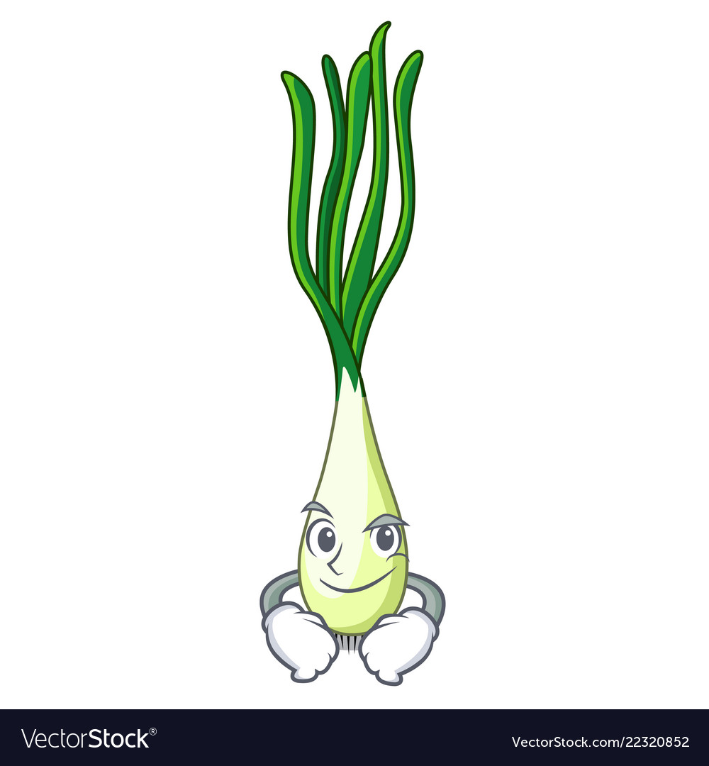 Smirking cartoon fresh green onions on cutting Vector Image