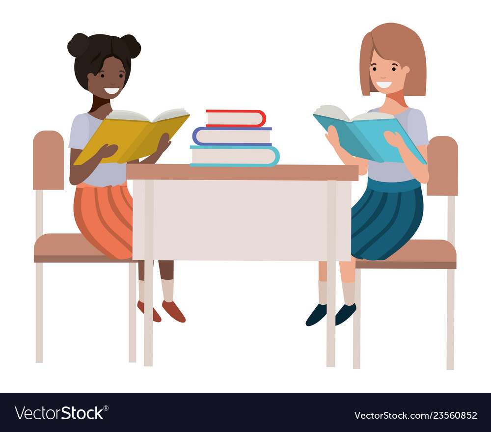 Young student girls sitting in school desk Vector Image