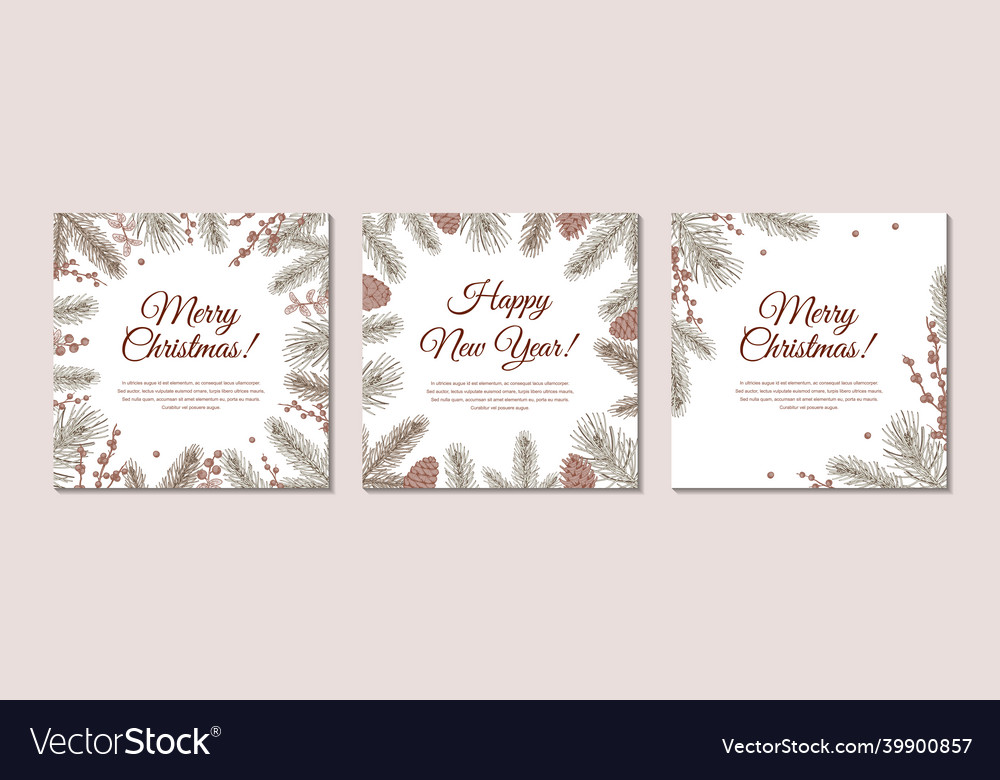 Set of hand drawn merry christmas and happy new