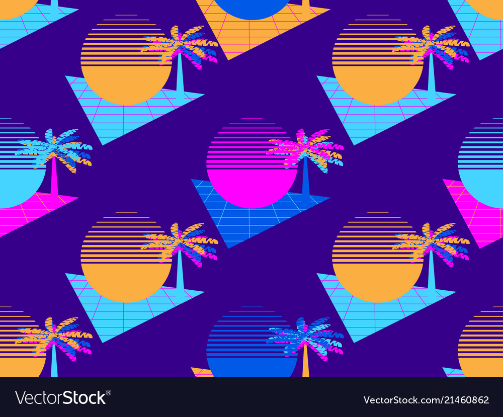 Futuristic palm tree and sun seamless pattern Vector Image