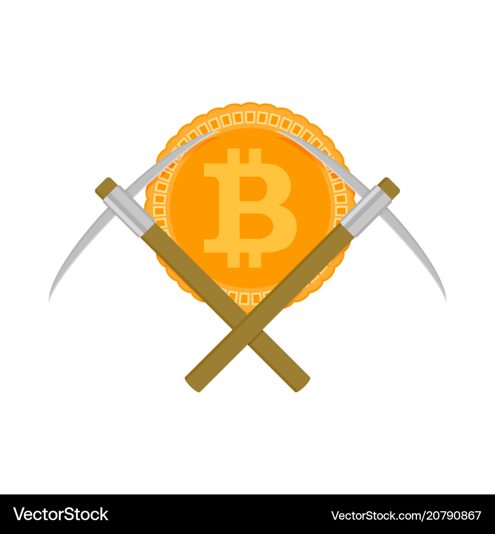 Mining bitcoin and pickaxe Royalty Free Vector Image