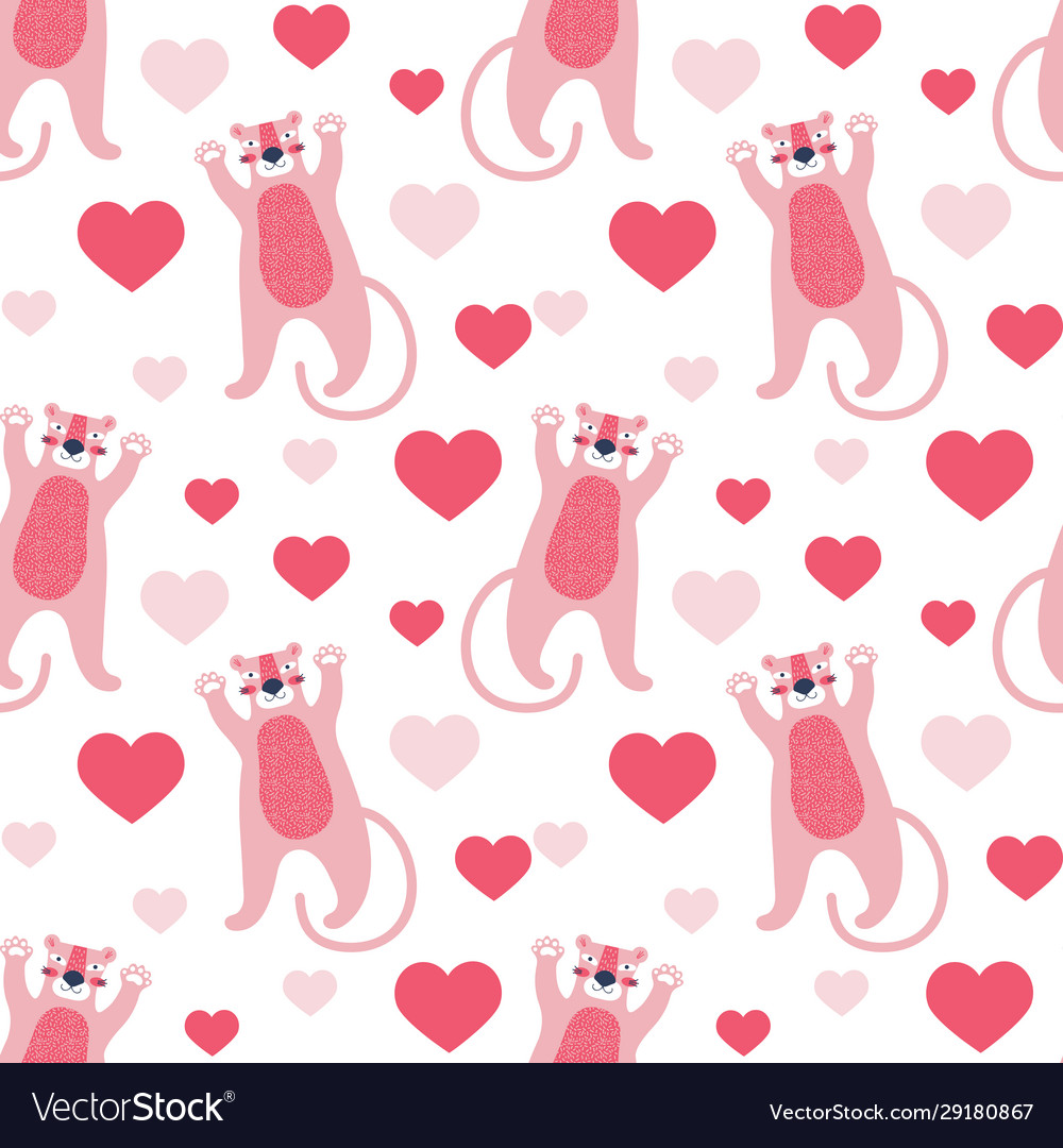 Seamless pattern cute pink panther among hearts Vector Image