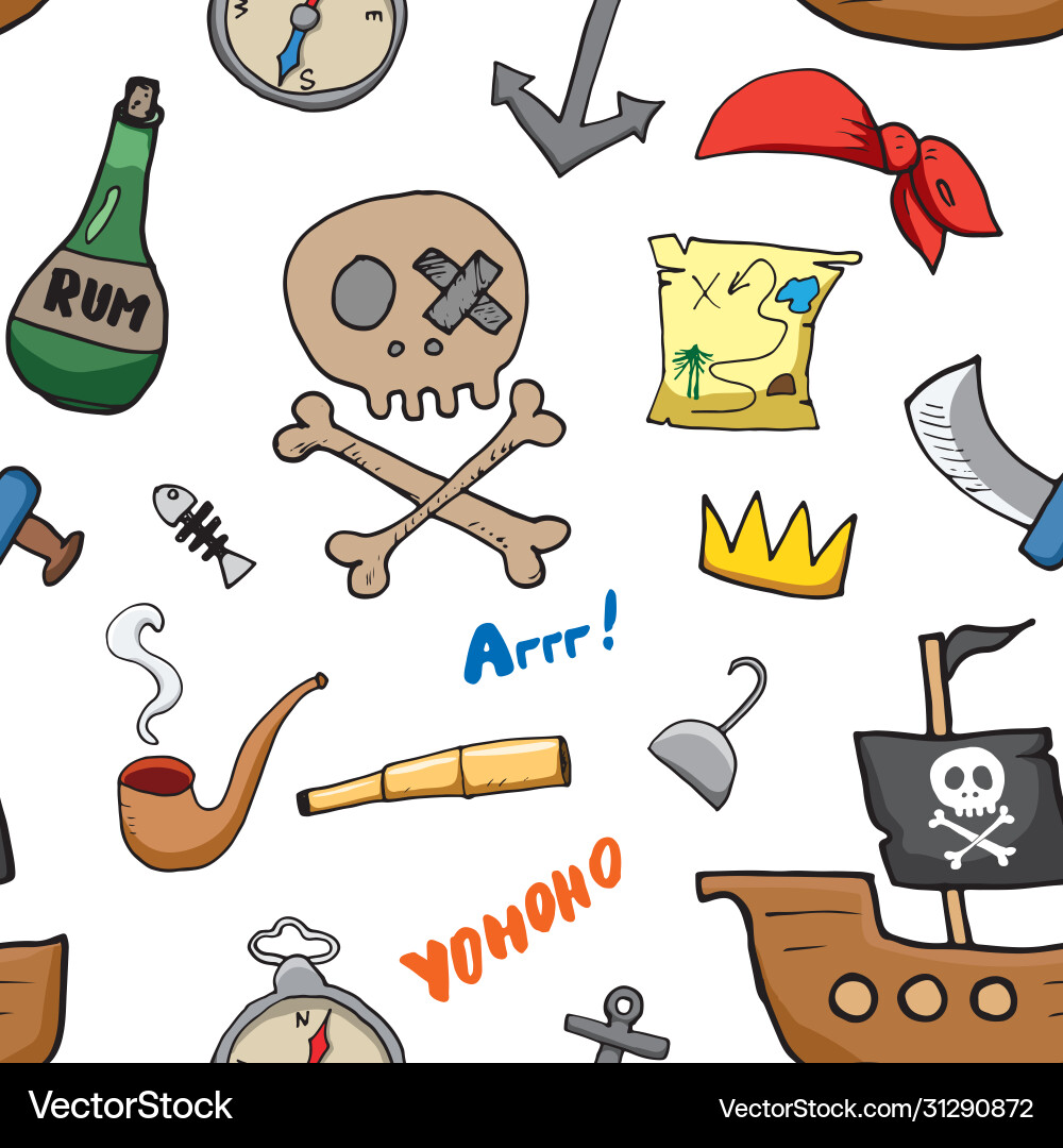 Pirate doodles seamless pattern cute items Vector Image