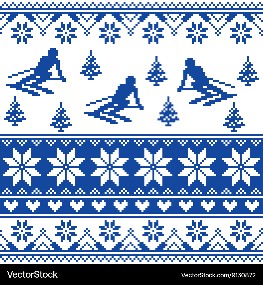 Winter knit pattern - man skiing blue Royalty Free Vector