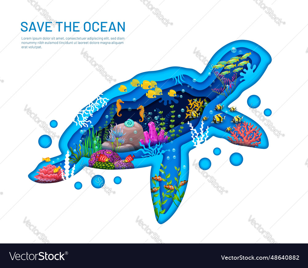 Underwater paper cut sea turtle silhouette ocean Vector Image