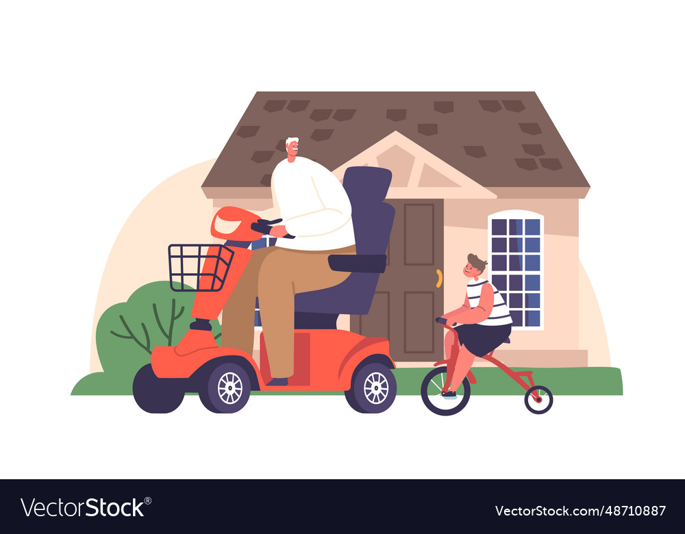 Cheerful grandfather riding wheelchair scooter Vector Image