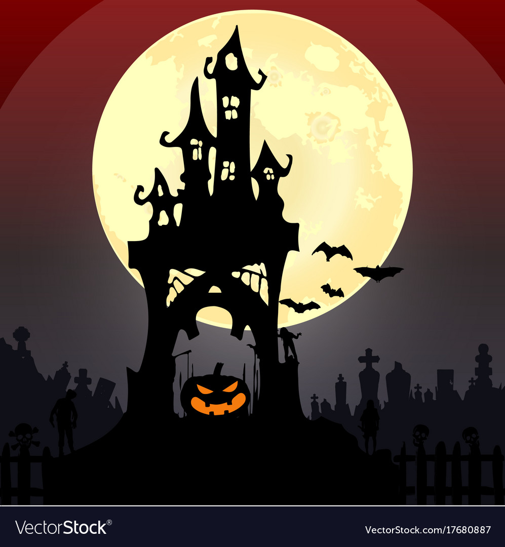 Halloween Party Pumpkin Trees Bats And Full Moon Vector Image