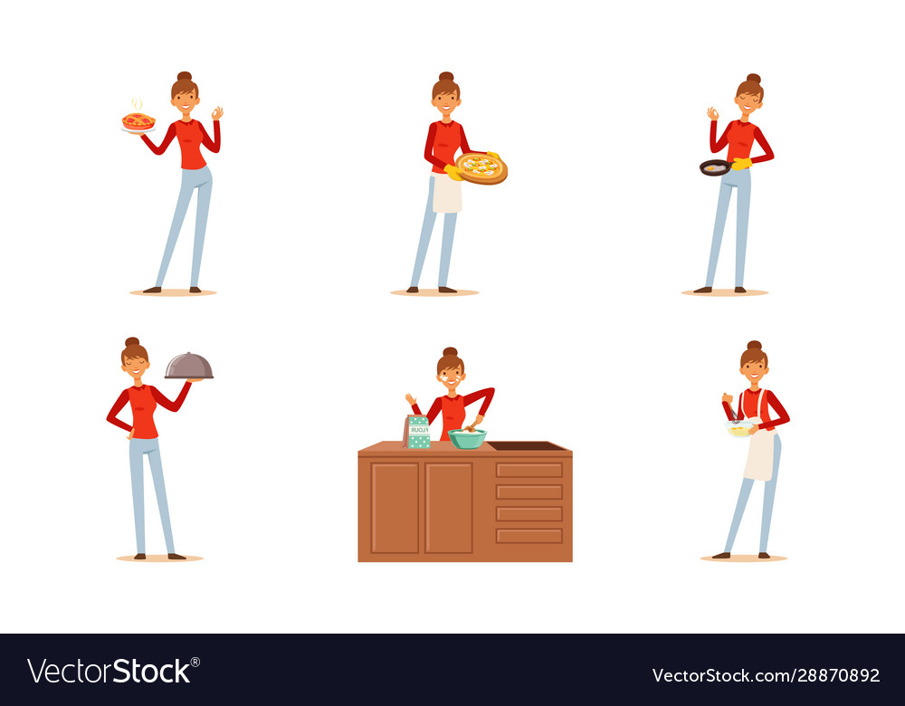 Cheerful woman cooking at home collection Vector Image