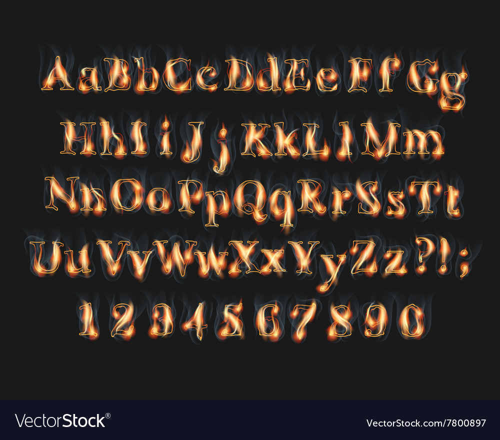 Fire burning alphabet and numbers font Royalty Free Vector