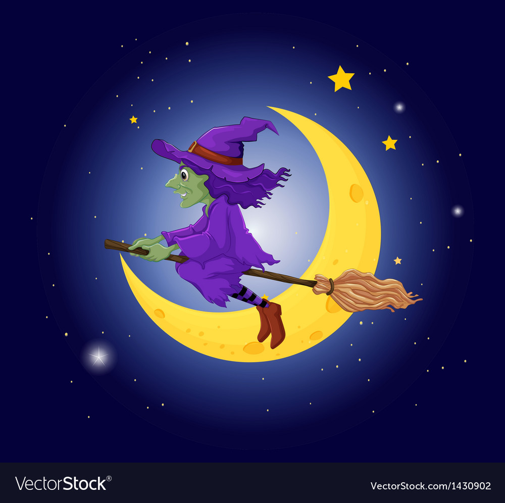 A witch with a violet hat riding on a broom Vector Image