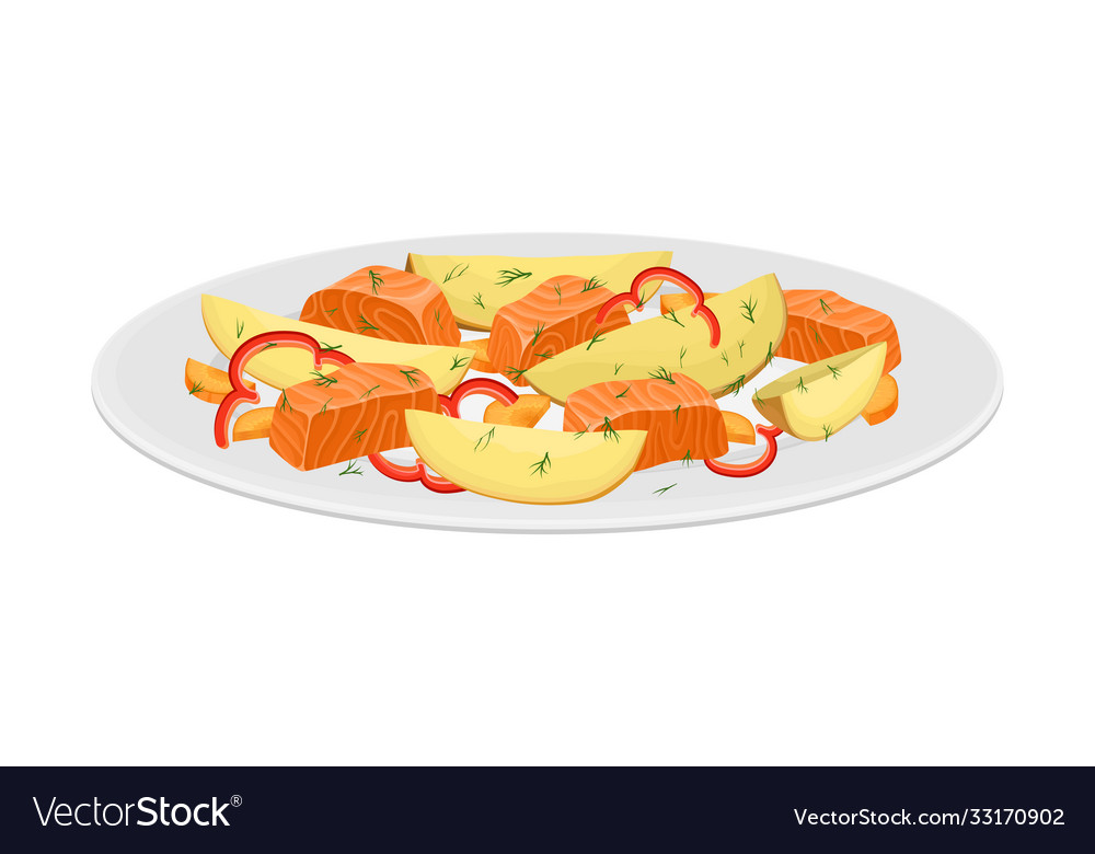 Salmon slabs with vegetables as seafood dish Vector Image