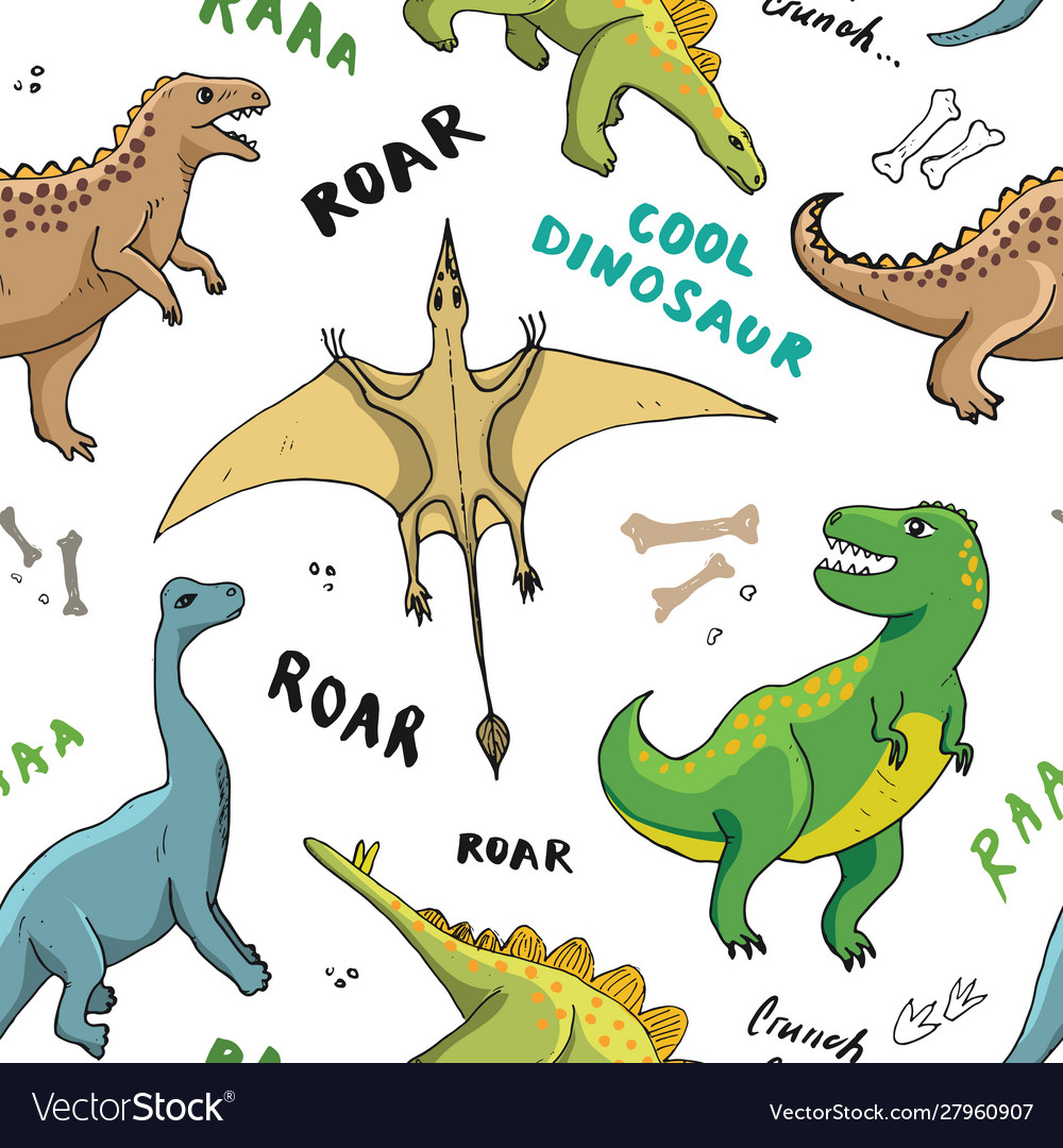 Dino seamless pattern cute cartoon hand drawn vector image Dino seamless pattern cute cartoon hand drawn
