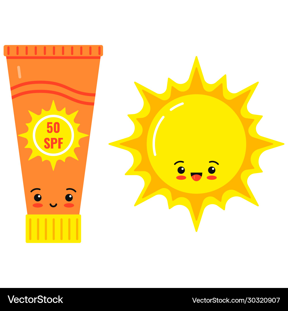 Emoji sunscreen bottle and cute sun icon Vector Image