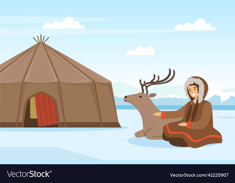 Eskimo indigenous woman with deer sitting near hut