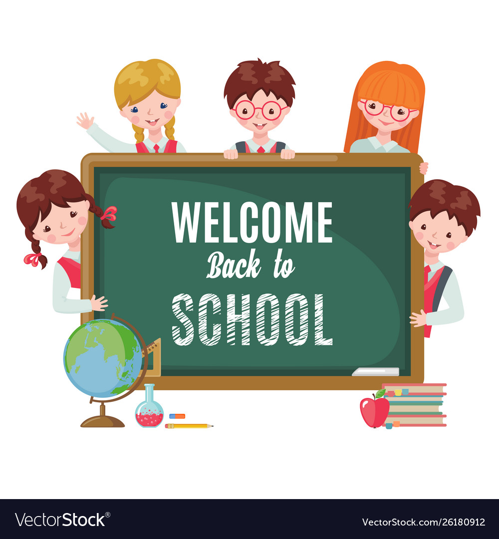 Cute kids with chalkboard and school supplies Vector Image